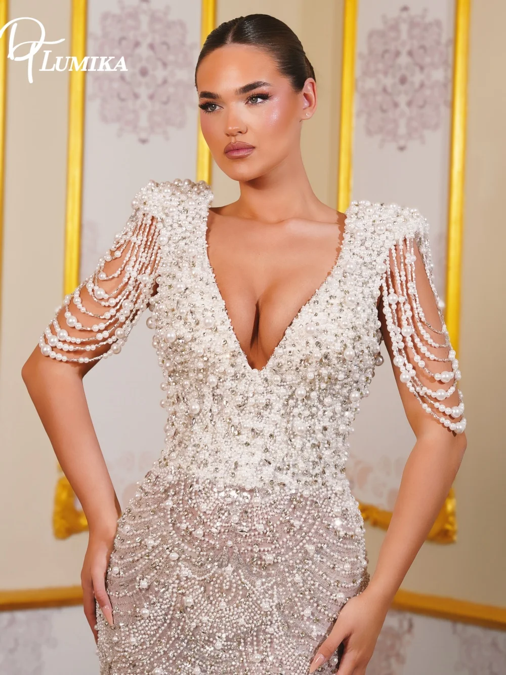 Opulent Deep V-Neck Beaded Wedding Dress Dramatic Pearl Fringe Sleeves Customized Bridal Gown Vestido De Novia for Luxury Brides