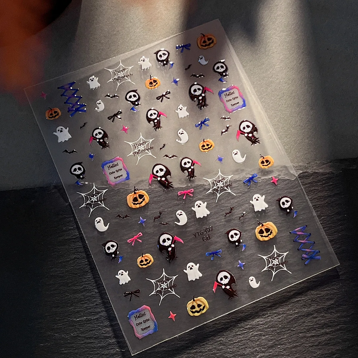 1 ورقة 5D هالوين الرجعية الأظافر ملصقات الموت شبح الشر اليقطين مسمار الفن الديكور الكرتون DIY بها بنفسك ذاتية اللصق مانيكير المنزلق