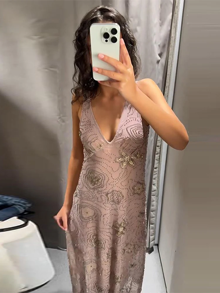 

Платье миди с вышивкой бисером и блестками, рюшами, женское летнее платье без рукавов с открытой спиной на бретельках, сексуальные халаты, женское вечернее длинное платье 2025