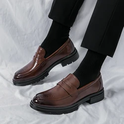 Spring Luxury Thick soled Casual Shoes Men's Black Penny loafers men Brown Business Office Dress Shoes for Mentênis masculino