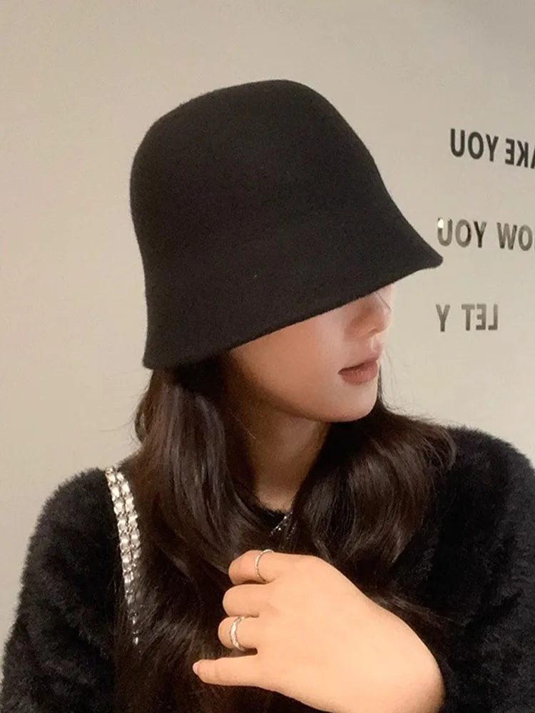 Fisherman hat female fall and winter wool tweed black temperament winter warm bucket hat