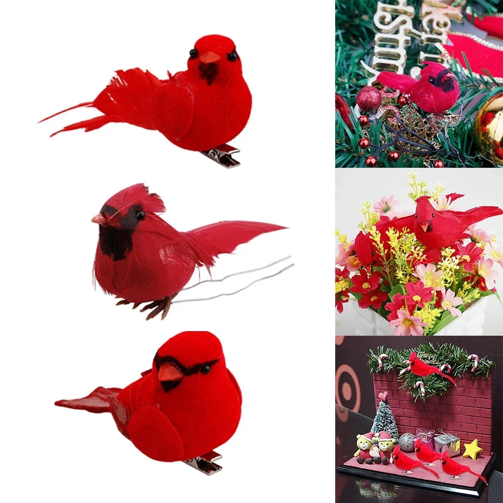 10PCS Artificial Red Birds Ornament Clip-on Cardinals Feathered Birds Christmas Tree Decoration Wedding Home Decor Fake Birds