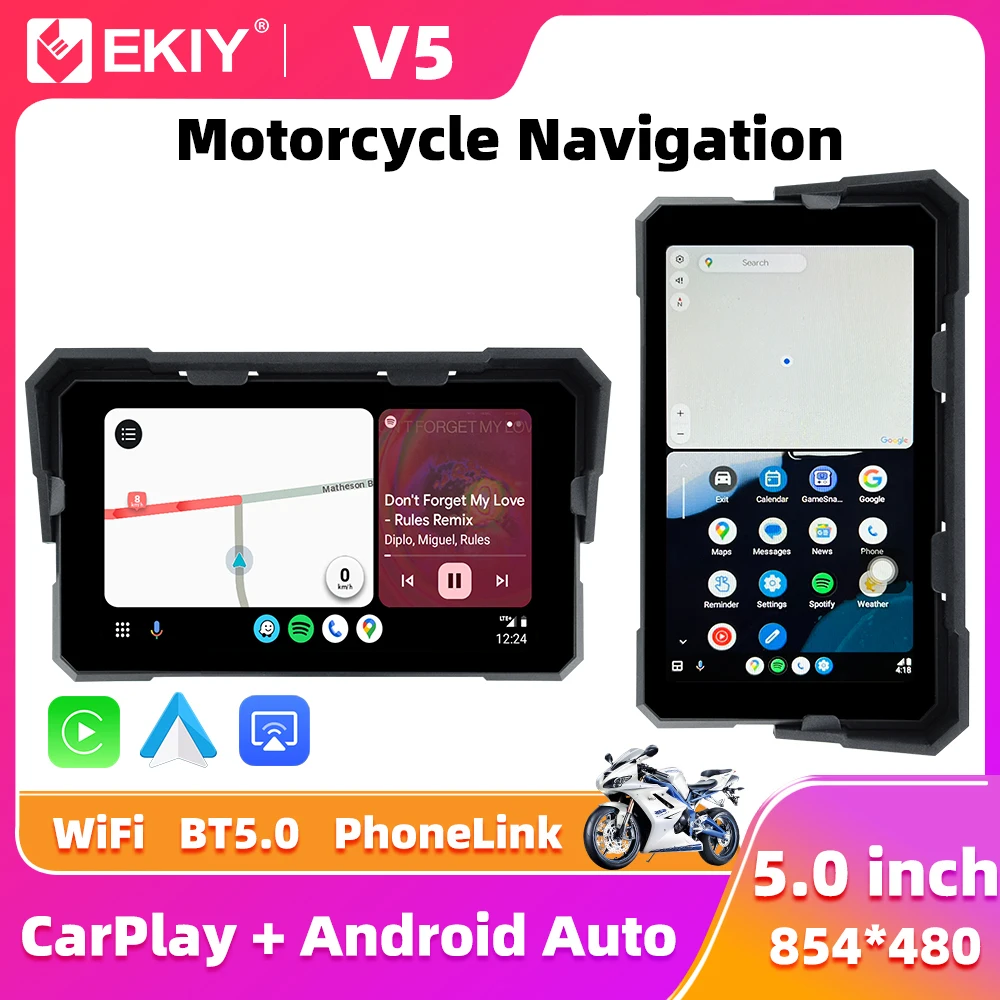 EKIY 5.0 inch Wireless CarPlay Moto Android Auto Portable Digital Motorcycle Dashboard GPS Motorcycle Navigation Display Screen