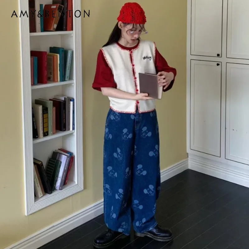 جديد الصناعة الثقيلة الكرتون طباعة كاملة مستقيم الساق الصوف مبطن الجينز فضفاضة تنوعا الحد من العمر الاتجاه للجنسين سراويل جينز #1