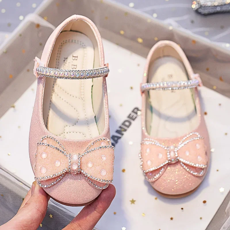 Pink Glass slipper Bows Rhinestone Girls Princess Shoes For Wedding Party Kids Leather Shoes Children Dance Performance Shoes