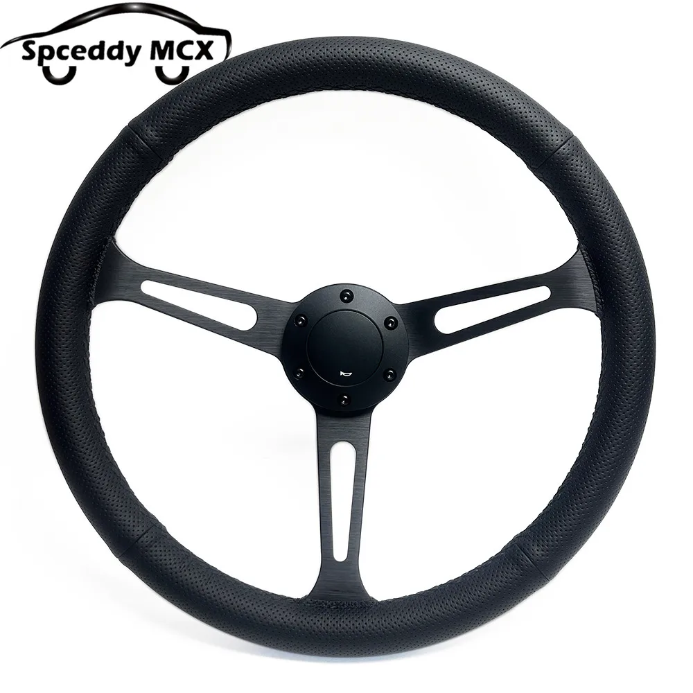 Spceddy MCX 15inch JDM Black Real Leather Tuning Sport Steering Wheel Classic Racing Steering Wheel Perforated 380mm Silver