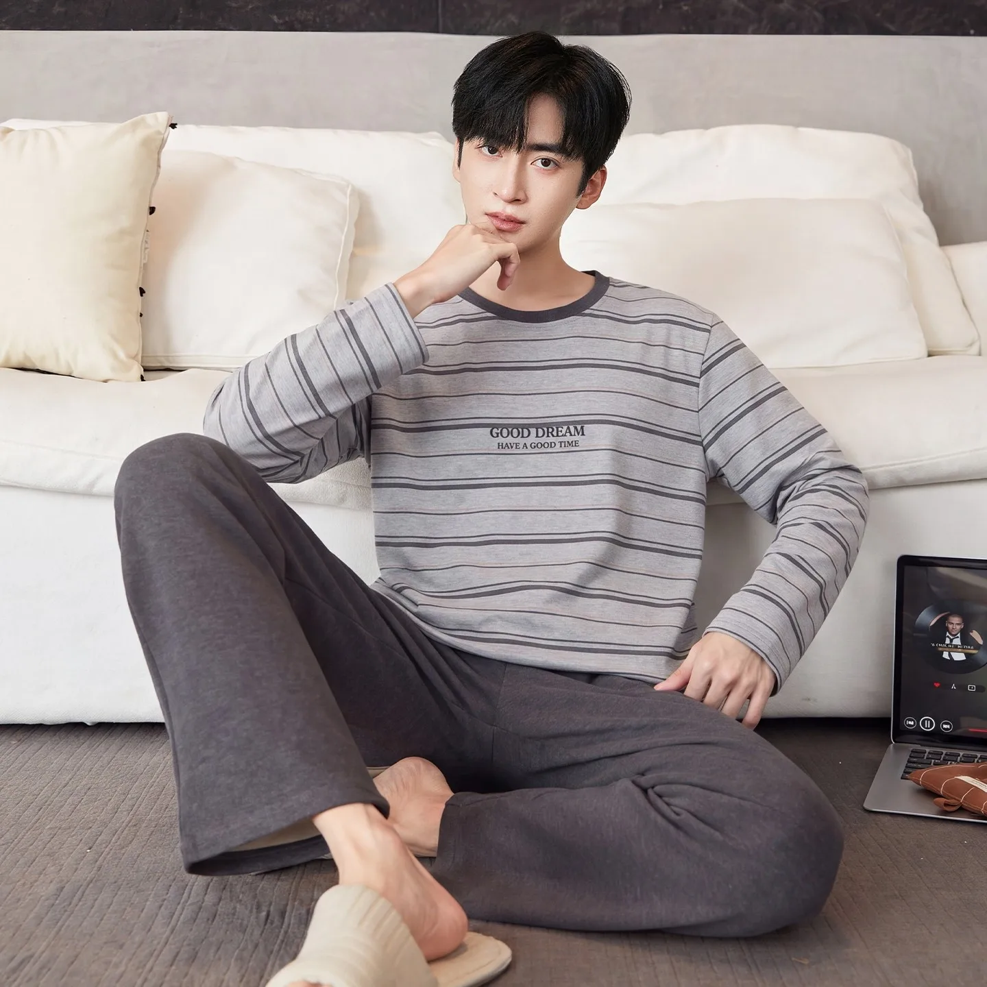 Men Casual Homewear 2026 Autumn Long Sleeve Premium Cotton Pajamas Set Skin-friendly Teen Loungewear Suit Sleepwear pyjama men