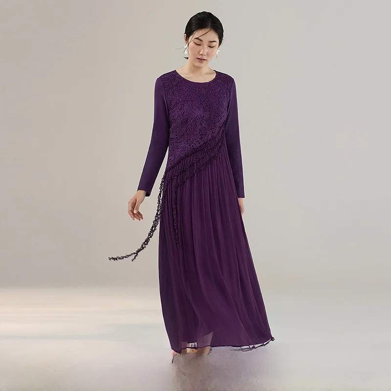 

Новое женское шелковое платье миди с вышивкой, длинным рукавом, А-силуэта, с присборенной талией, разноцветное, осенне-зимнее