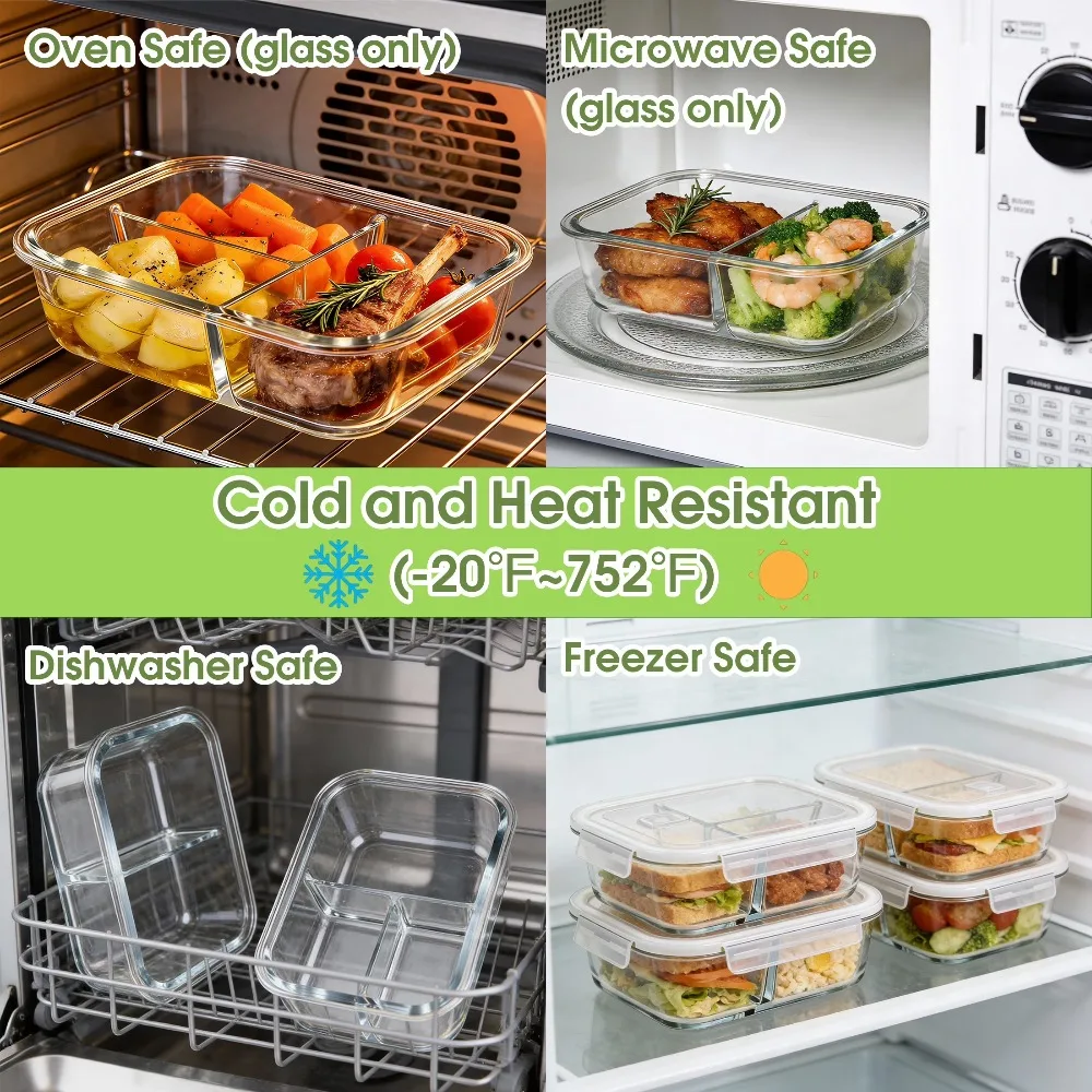 Glass Food Storage Containers with Dividers 8-Piece Meal Prep Set Leak-Proof Bento Lunch Boxes Microwave Oven Dishwasher Freezer Safe Glass Tupperware view 3