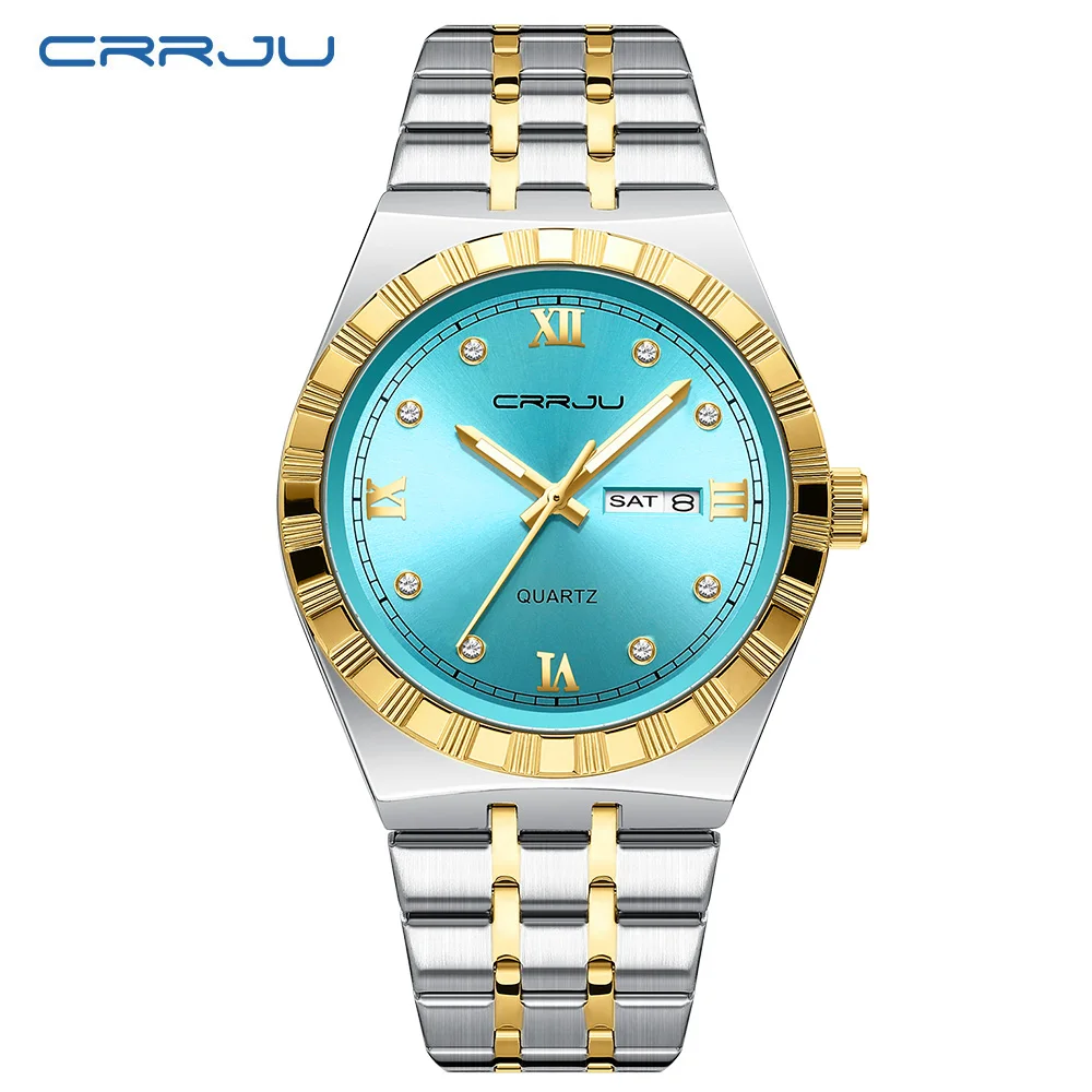 CRRJU Top Watches Golden Blue GMT Automatic Calendar Men's Watch Luminous Waterproof Steel Strap Business Men Wristwatch
