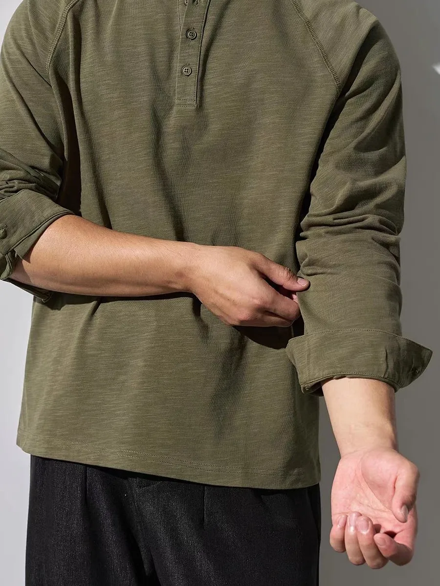 Autumn Winter Versatile Loose Fit Bamboo Rayon Long Sleeve T-Shirt Henry Collar Washed out Vintage Style Men's Casual Top
