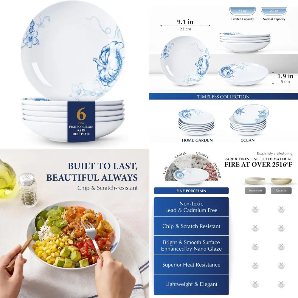 

9 Inch Porcelain Pasta Bowls Set of 6, Round Deep Salad Plates, Chip Resistant, Blue White Thanksgiving Dinnerware, Elegant Tabl
