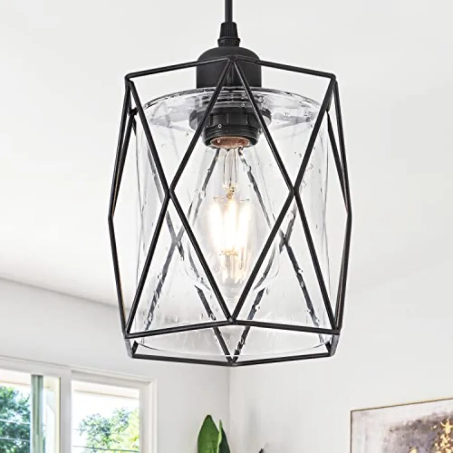 

Black Pendant Light Over Table Cage Blown Clear Farmhouse Hanging Light Fixture Industrial Adjustable Cord for Kitchen Island D