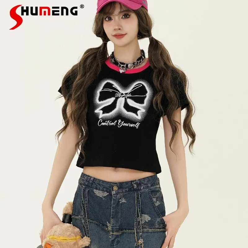 

New Pure Black Short-Sleeved Embroidered T-shirt For Hot Girls Women's Black And White Bow Round Neck Slim-Fit Short Top Tshirts