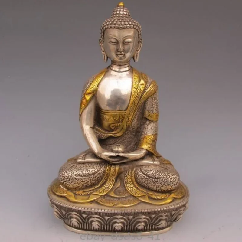 

China Old Sakyamuni Buddha Tibet Silver Gilt Handwork Tibetan Buddhism Statue
