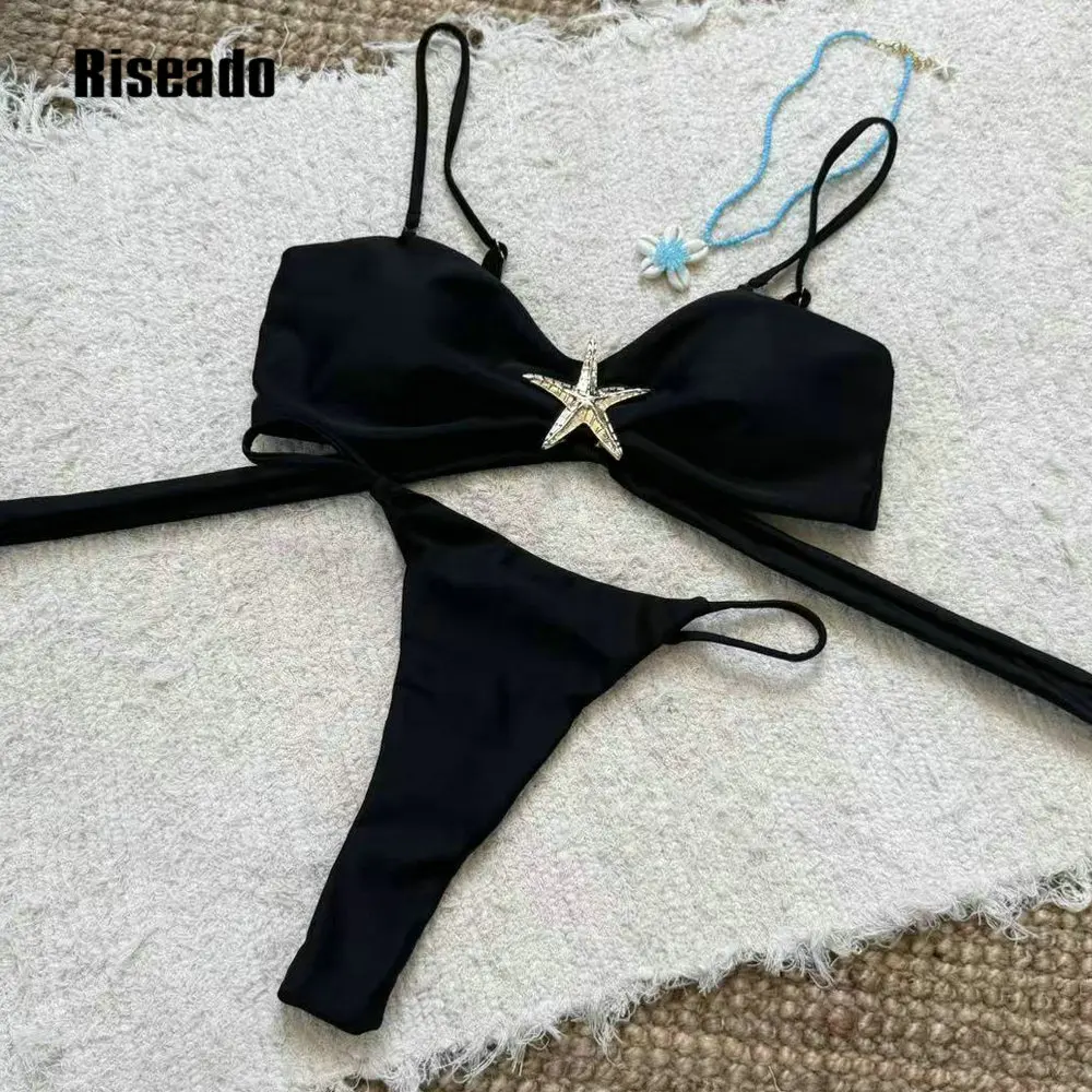 2-teiliges Bikini-Set für Damen, einfarbig, frecher Badeanzug, Metall, Seestern, seitliche Badeanzüge, sexy Micro-Tanga, brasilianischer Bikini