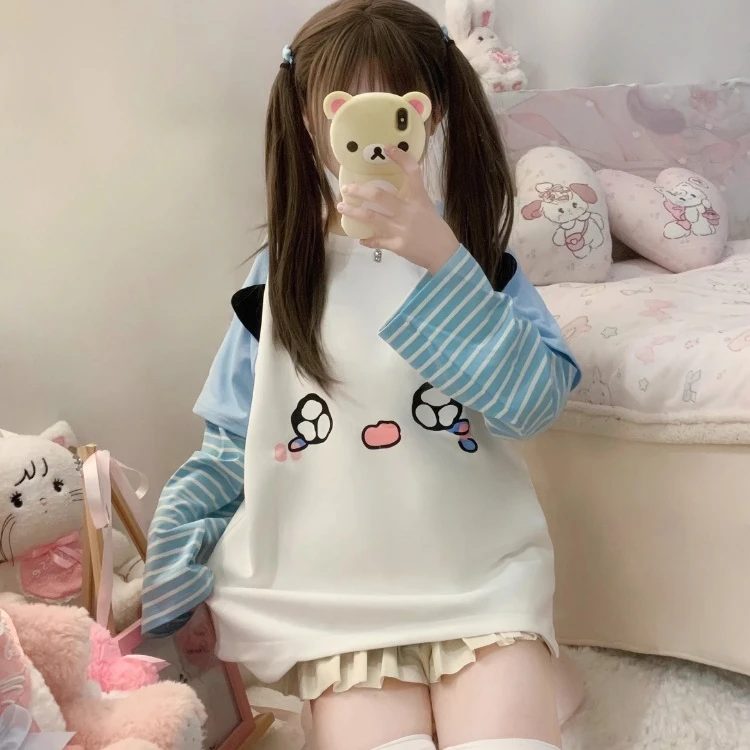 Harajuku Fake Two Piece Striped O-neck T-shirts Coat Kawaii Patchwork Cat Ear Tops Women 2024 Spring New Long Sleeve Sweatshirts