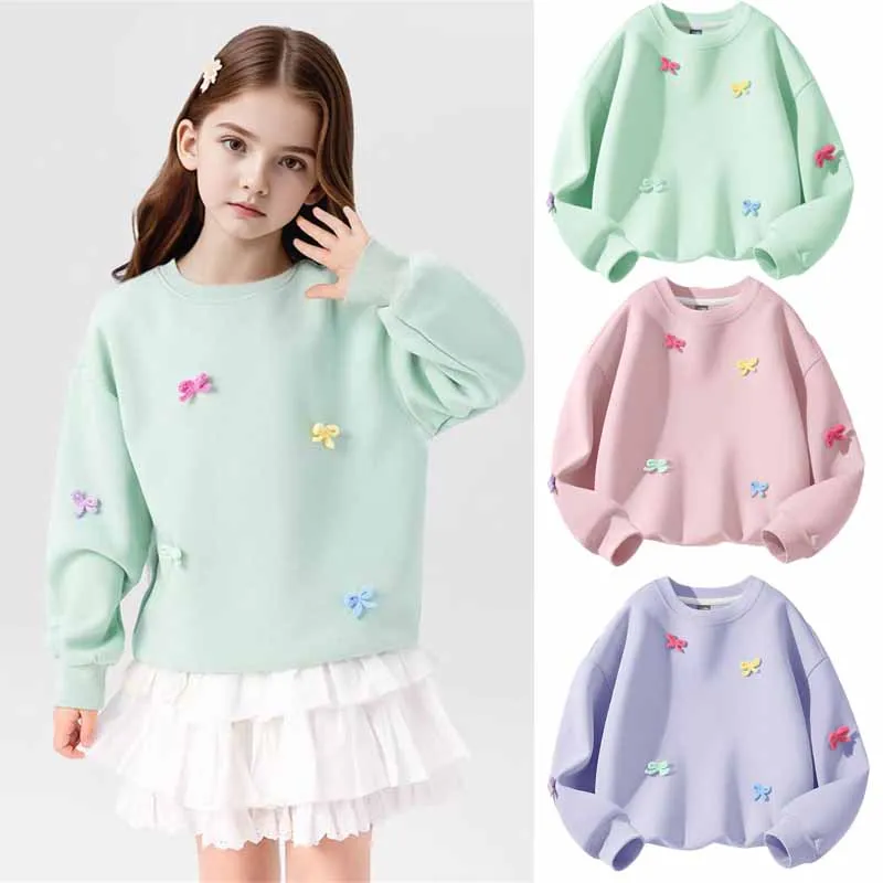 Girls Fashion Sweatshirt Spring Children Candy Color Bow Pullover Autumn Kids Skin-friendly Long Sleeve Tops Clothes 4-14 Years
