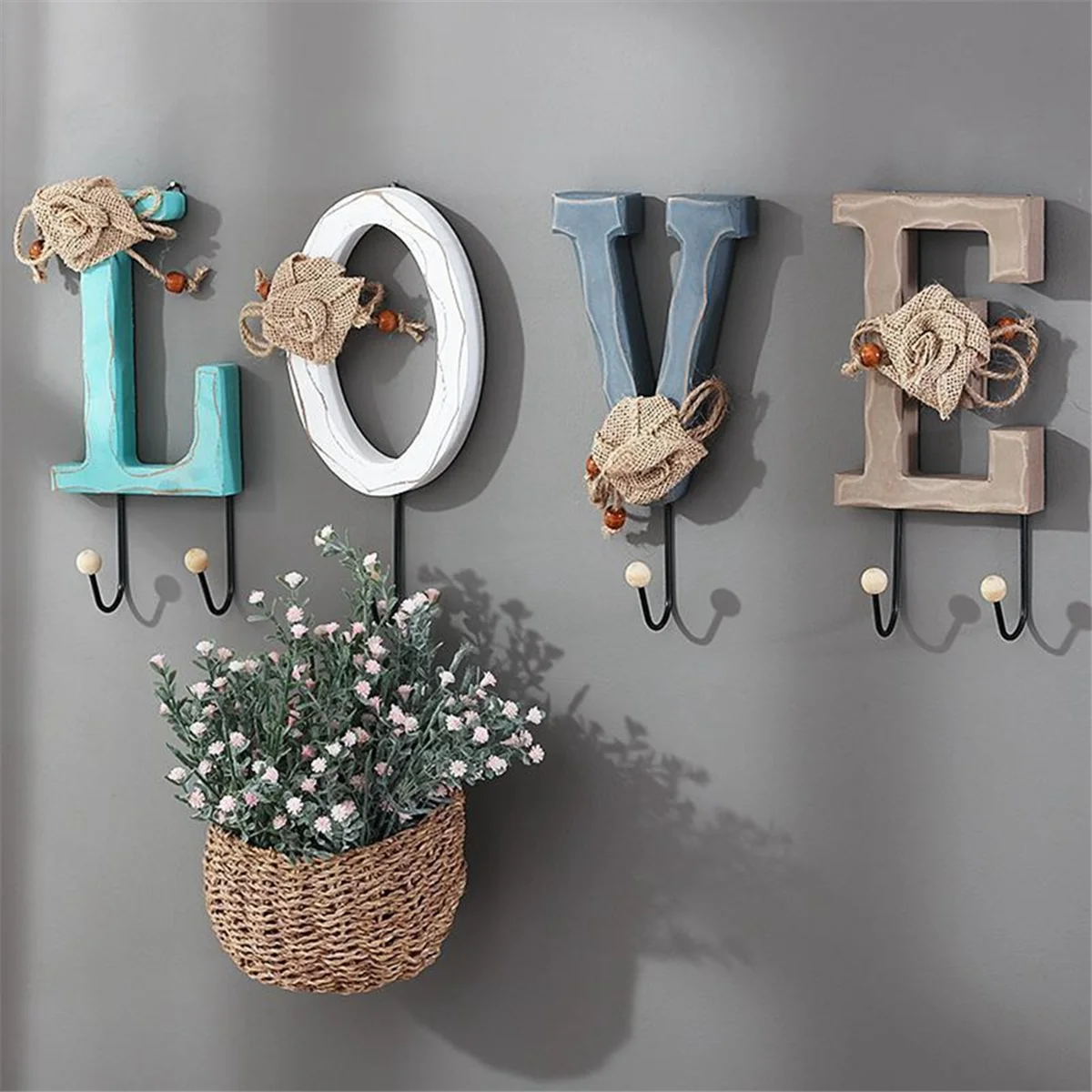 LOVE Style Wall Hooks Key Holders Set with String Lights DIY Wall Hanging Hooks Coffee Shop 3D Door Art Crafts Hooks