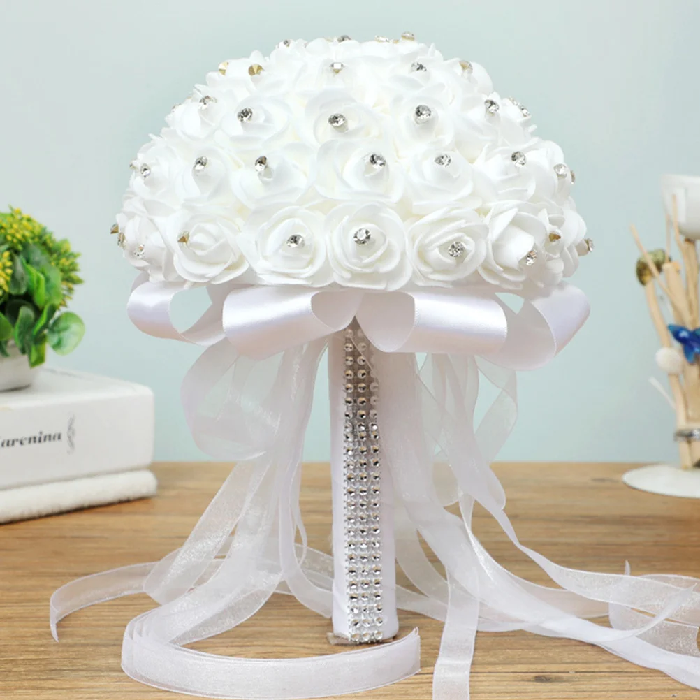 

1pc White Premium Artificial Bridal Lifelike Flower Imitation Wedding Photography Prop Fake Rose Bouquet Wedding Decoration