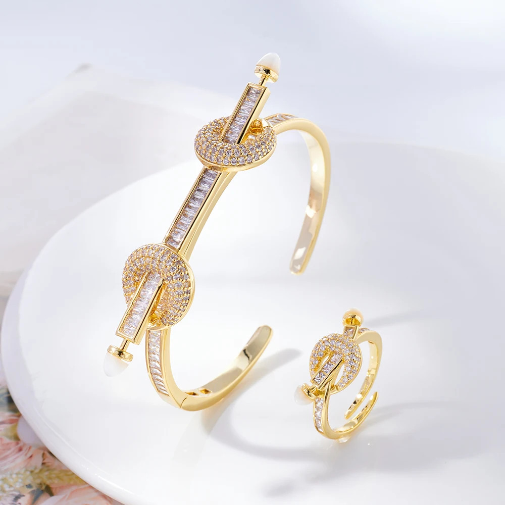 InJewelife Trendy Cubic Zircon Shell Bangles Bracelets with Ring Luxury Jewelry Set for Women Gold Plated Bracelet Jewellery