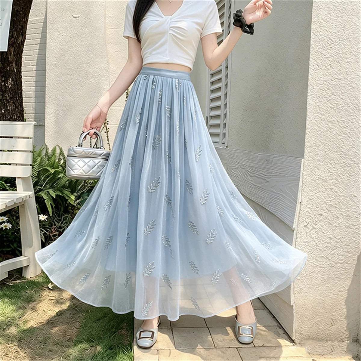 High Quality Leaf Embroidered A-line Long Maxi For Women Summer fashion Elastic Waist Shimmering color Big Swing Skirt