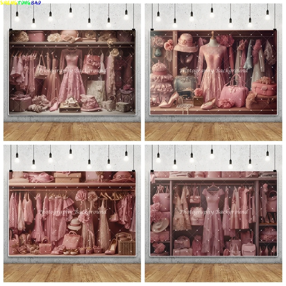 Pink Wardrobe Photography Backdrop Ladies' Cloakroom Dress Bridal Shower Wedding Birthday Ceremony Party Decor Photo Background