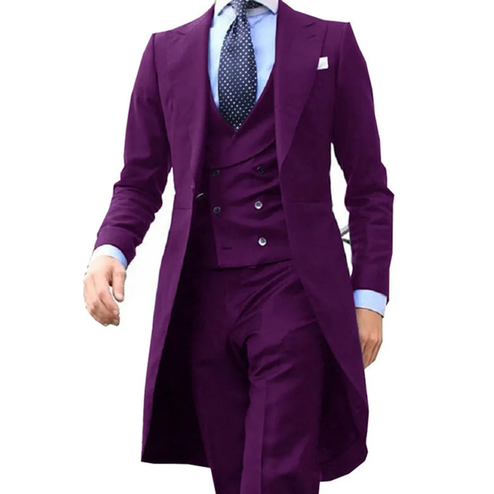 New Arrivel 2023 Long Coat Designs Burgundy Men Suit Gentle Male Tuxedo Prom Blazer Fashion Custom 3 Pieces (Jacket+Vest+Pants)