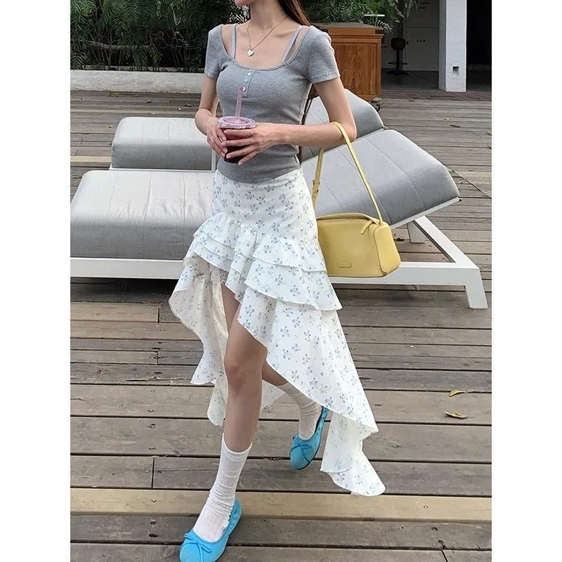 

White Midi Skirt for Women in Summer 2025 New A-line Floral Long Skirt Irregular Hip Hugging High Waist Skirt