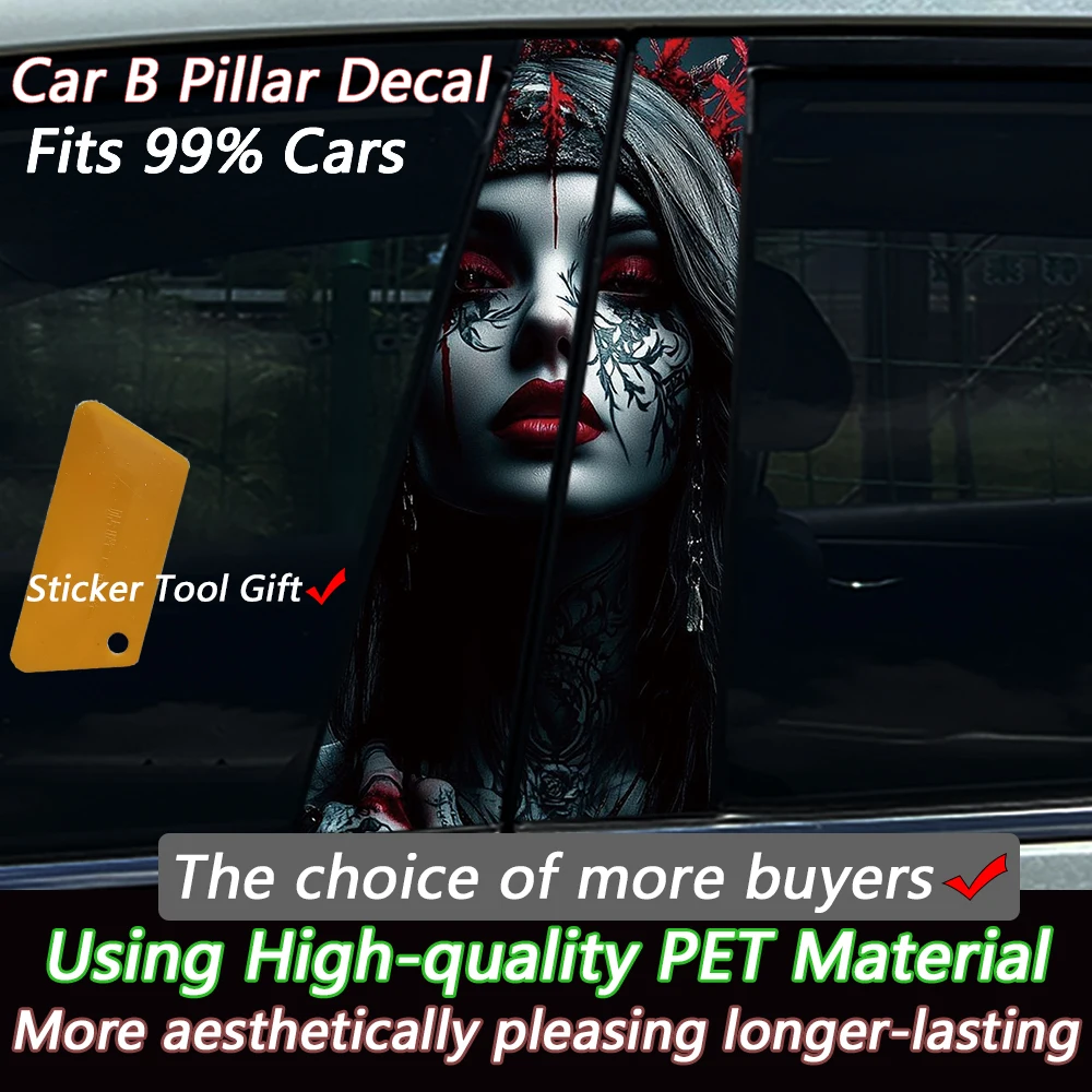 2PCS Dark Tattooed Gothic Girl Car B Pillar Sticker Waterproof Anti-Scratch Vinyl Decal Door Center Column Protector