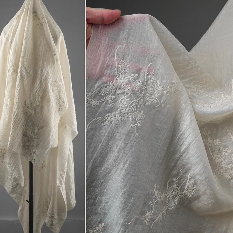 

Легкая морщинистая пряжа с вышивкой соснового узора, бежевое платье, пальто в стиле ретро, полупрозрачная дизайнерская ткань для одежды