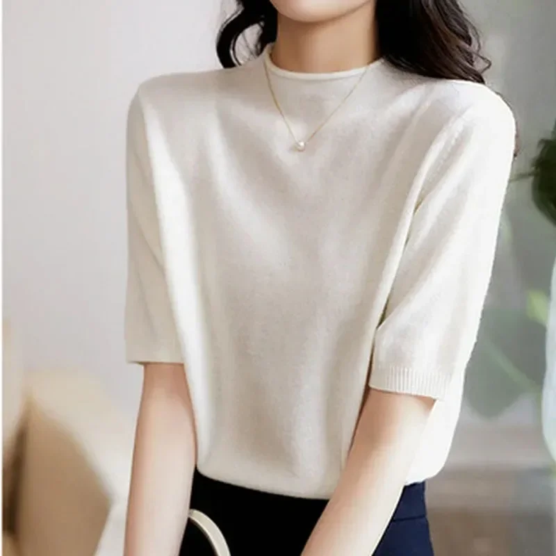 Summer Knitted Women Blouse Half-Turtleneck Tops Fashion Loose Elegant Clothing Half Sleeve Shirt