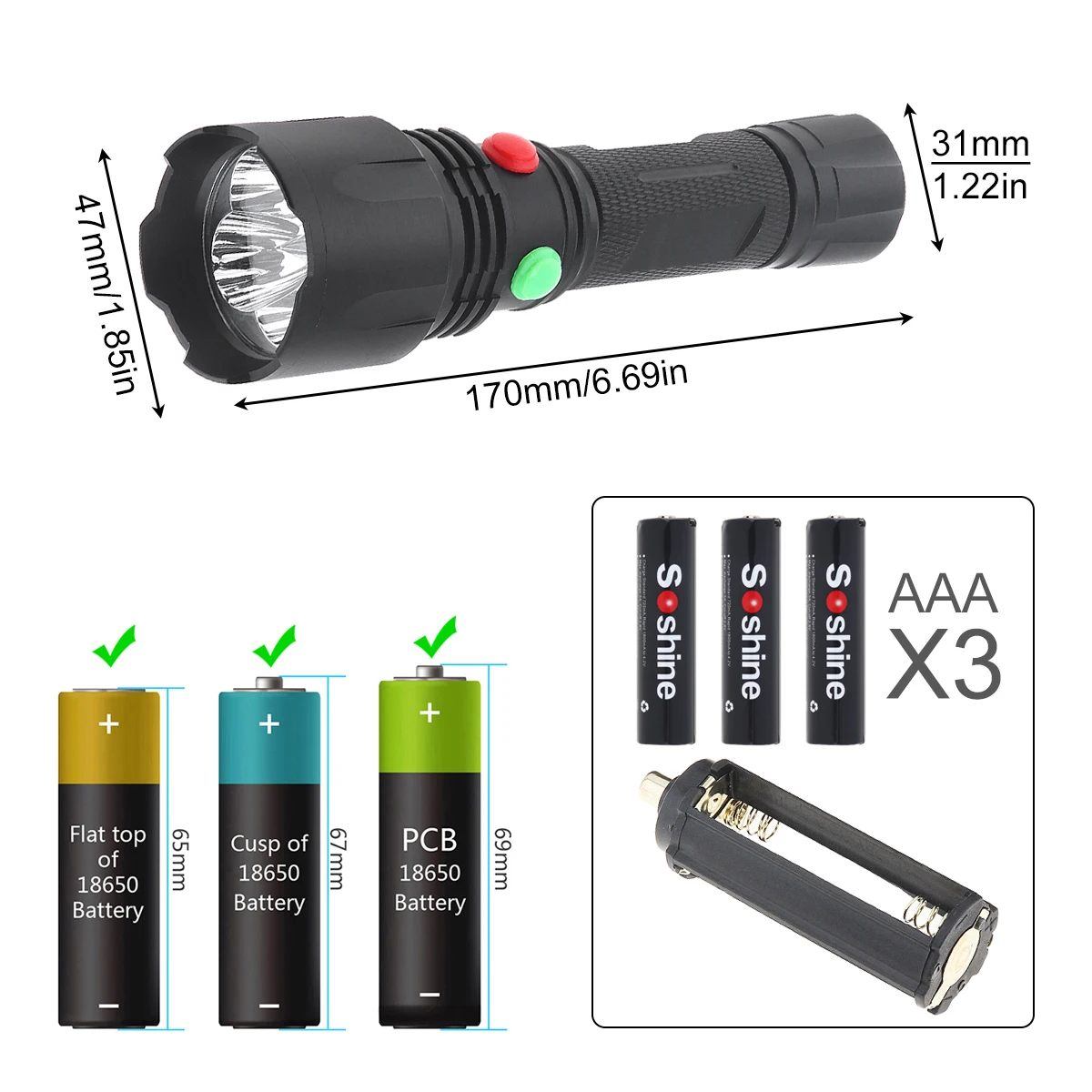 10W 1000LM Torch 4 Colors White / Red / Green / Yellow LED Tactical Flashlight for Camping/Hiking/Hunting with Rechargeable