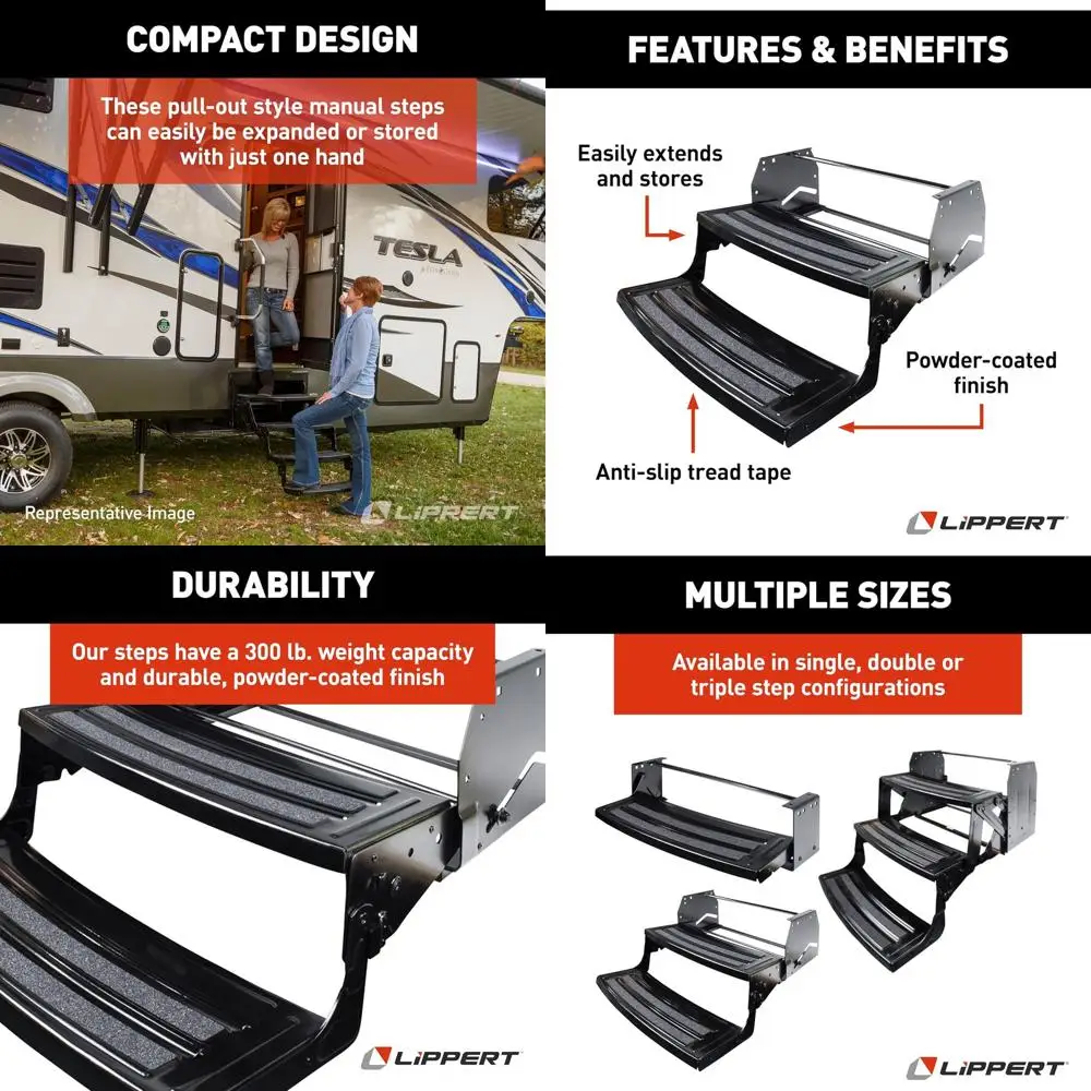 

Радиус Lippert: 24 дюйма, двойная ручная ступенька для автофургона, подъем 8 дюймов, 300 фунтов. Противоскользящие ступеньки, компактные, расширяющиеся или складывающиеся на одной руке, черные