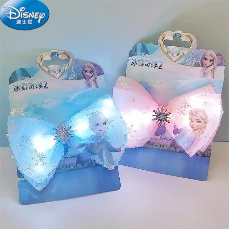 Disney Frozen Flash Hairclip for Girls Anime Hair Accessories Elsa Bow Luminous Hairpin Children Birthday Christmas Gift