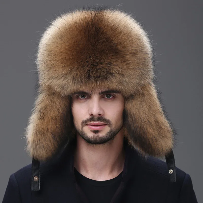 

Real Fox Fur Hat Lei Feng Hat Men's Natural Raccoon Fur Winter Keep Warm Bomber Leather Hat Luxury Fur Hat Outdoor Skiing Hat