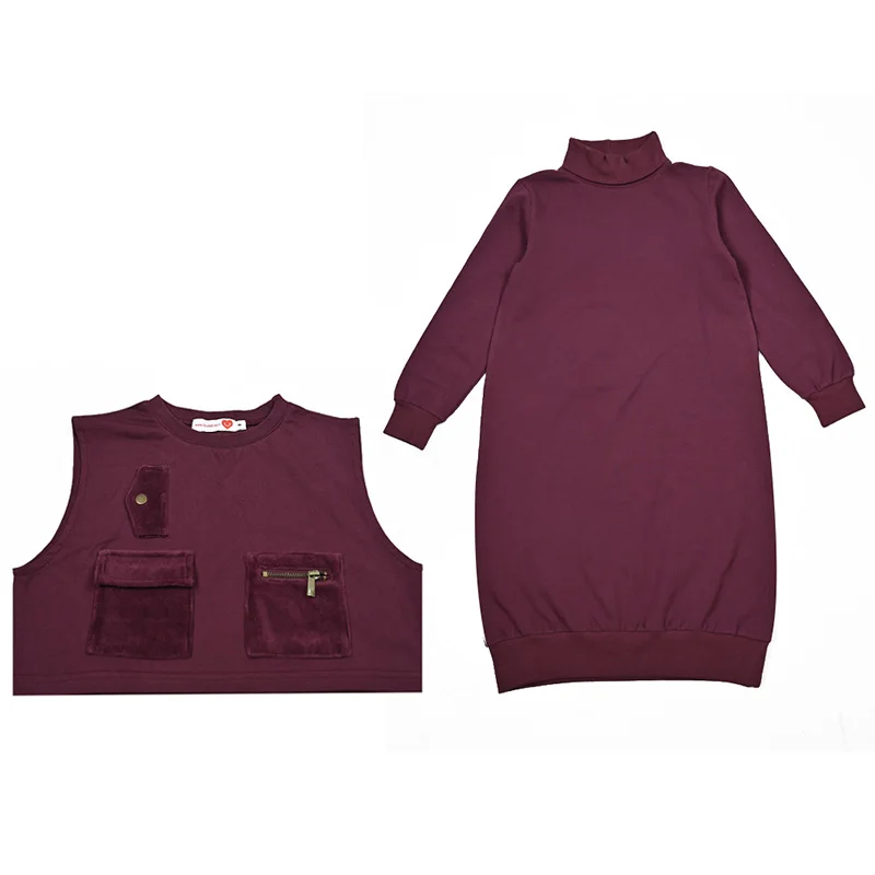 Family clothes pockets wninter design kids set girls dress vest boys top baby romper autumn long sleeves metal ziper pockets