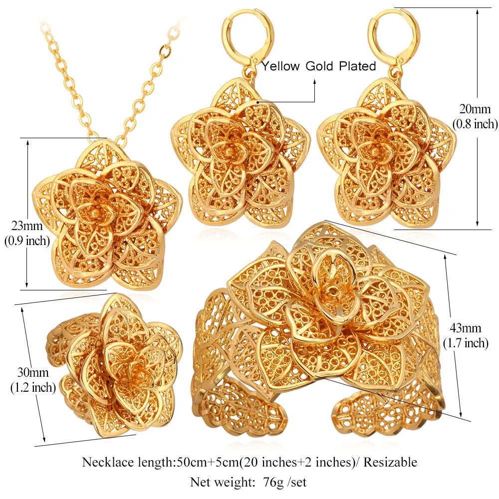 U7 Hollow Out petals 3D Flower Jewelry Set for Woman Dangle Earring Ring Necklace 3pcs/set Party Anniversary Jewelry