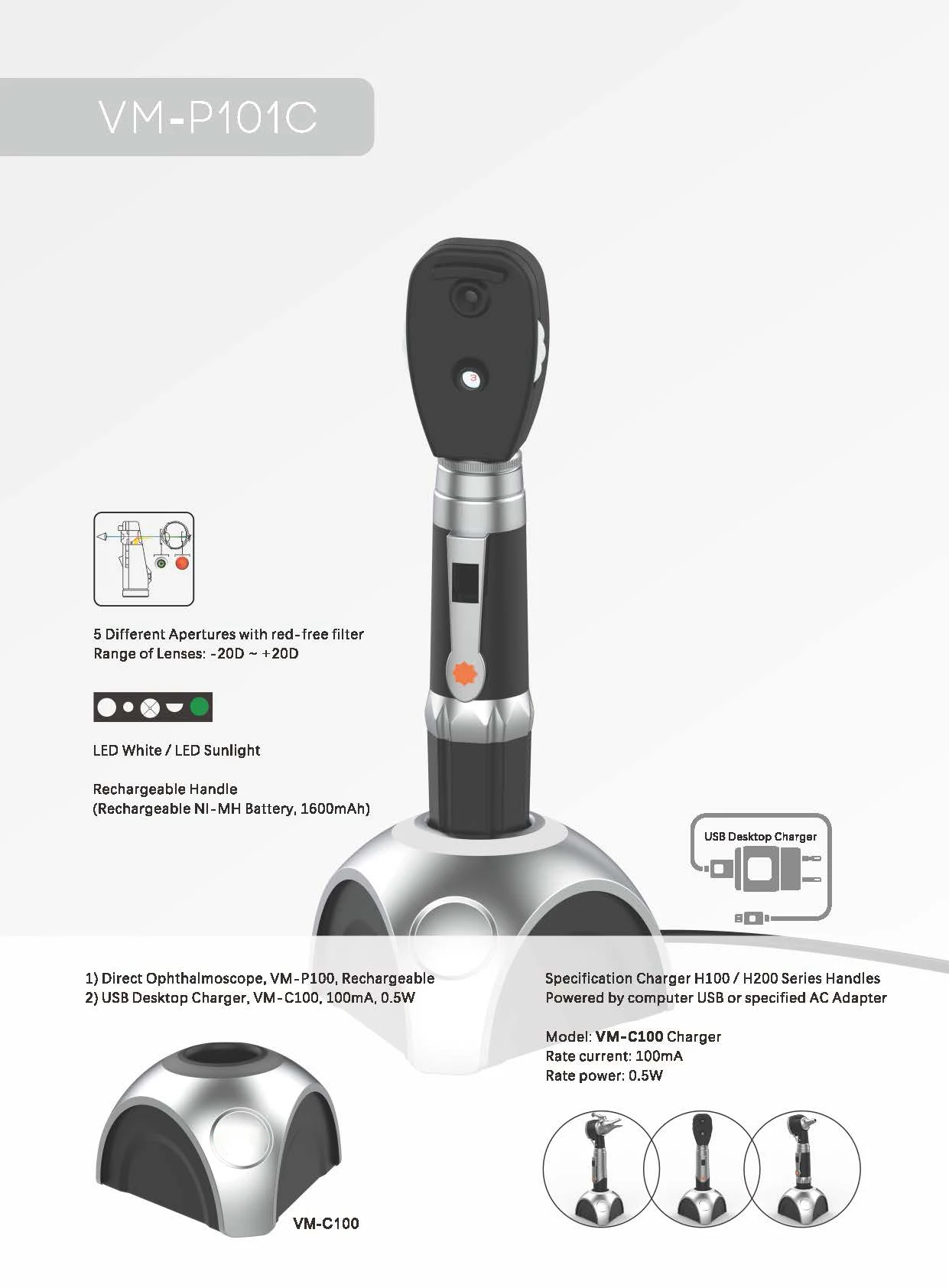 Rechargeable -20D~+20D Lens ENT Diagnostic Instrument Otoscope Ophthalmoscope Ophthalmic Instrument