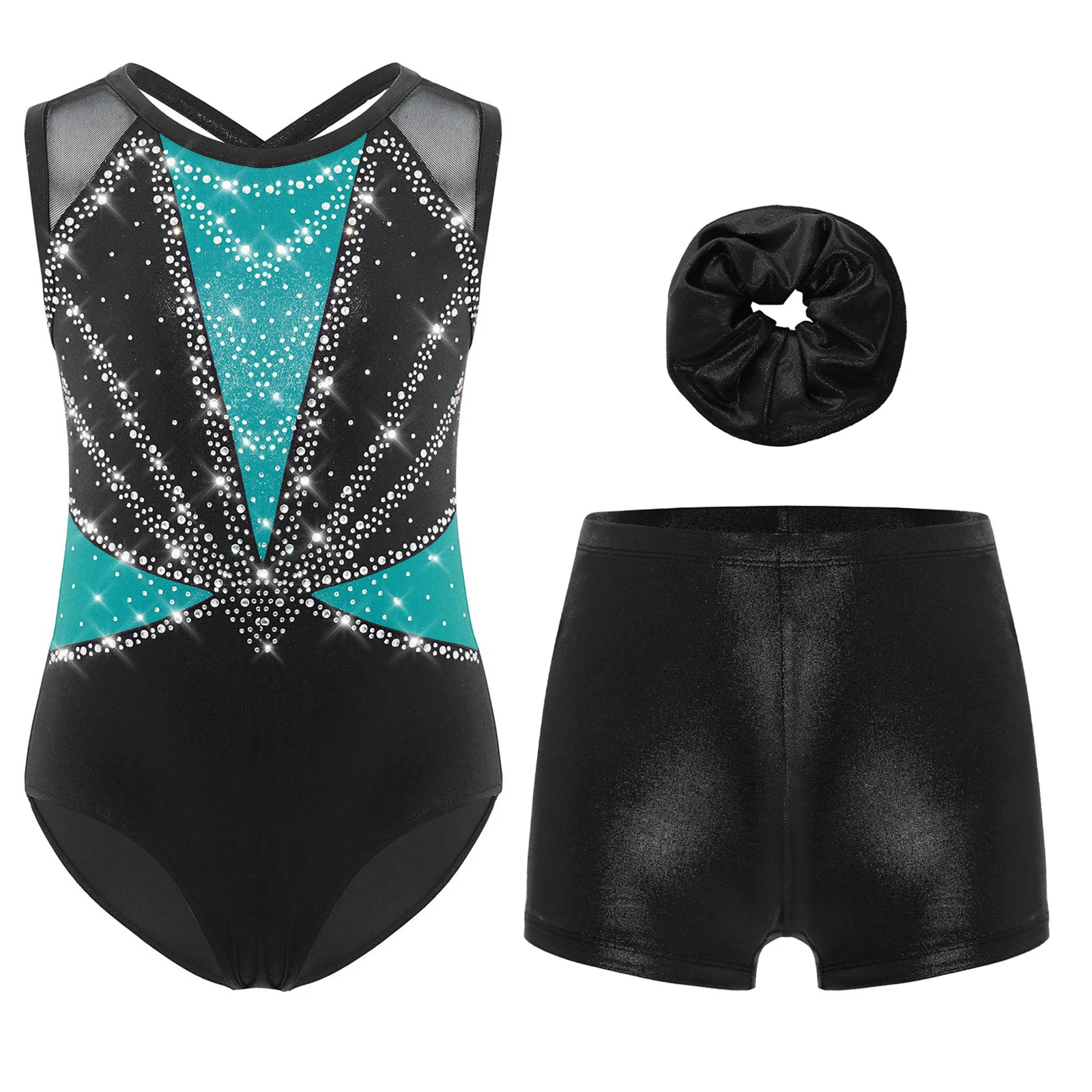 

Kids Girls Sleeveless Ballet Leotard Gymnastics Figure Skating Dance Costumes Rhinestones Metallic Bodysuit+Shorts+Hairband Sets