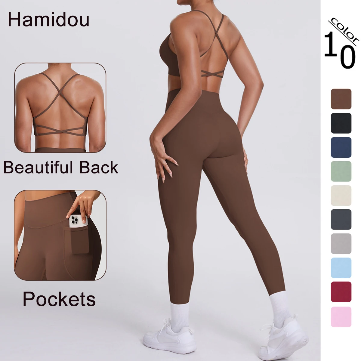 

Breathable Summer Cross Straps Beautiful Back Yoga Bra Pants Set Yoga Underwear with Chest Pad Quick Drying Yoga Pockets Pants