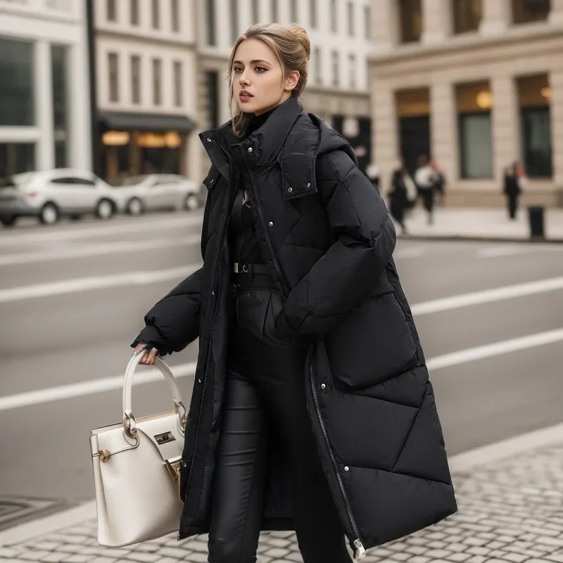 Veste à capuche monochromatique pour femme avec grandes poches, parka décontractée, manteau en duvet de coton rhombique, mi-long, automne et hiver 2024