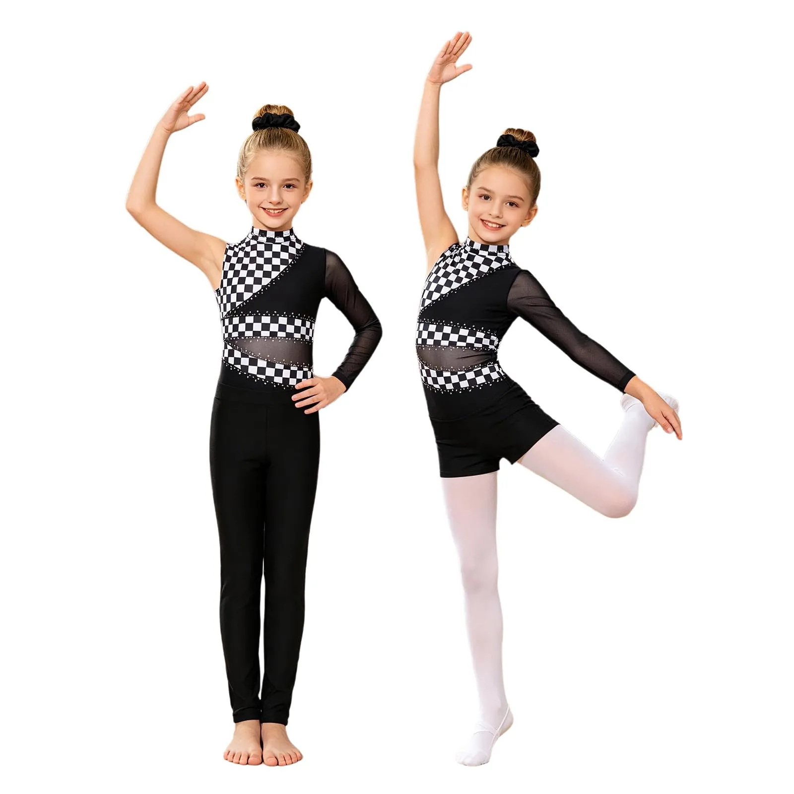 

Girl Gymnastics 4Pcs Set Sparkly Rhinestones Leotard Asymmetric Sleeve V-front Outfit with Shorts Pants Hair Tie Sports Training