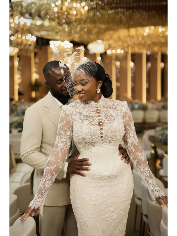 Customized New White Elegant Brown Skin Mermaid Wedding Dress High Neck Long Sleeve Satin Lace Pearl Decoration Vestido De Novia