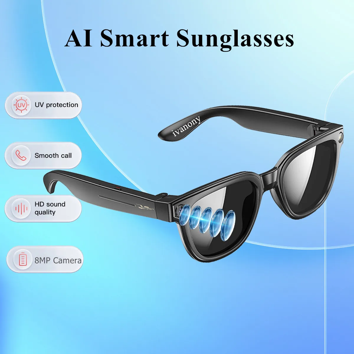 

Умные солнцезащитные очки с искусственным интеллектом, 8-мегапиксельная HD-камера, идентификация изображения Q & A, Bluetooth-вызов, EIS, стабилизация видео, музыка, очки с защитой от ультрафиолета