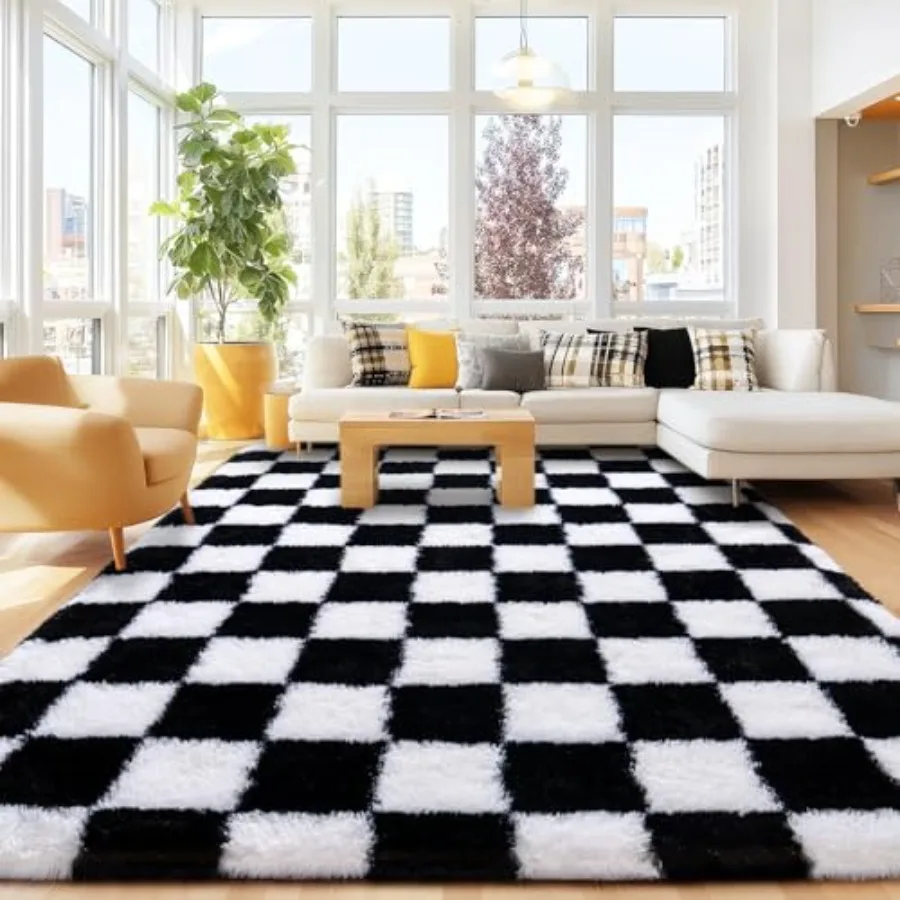 

Checkered 8x10 area rugs for living room, ultra soft fluffy shaggy rug in black and white, non-slip fuzzy plush carpet for bedr