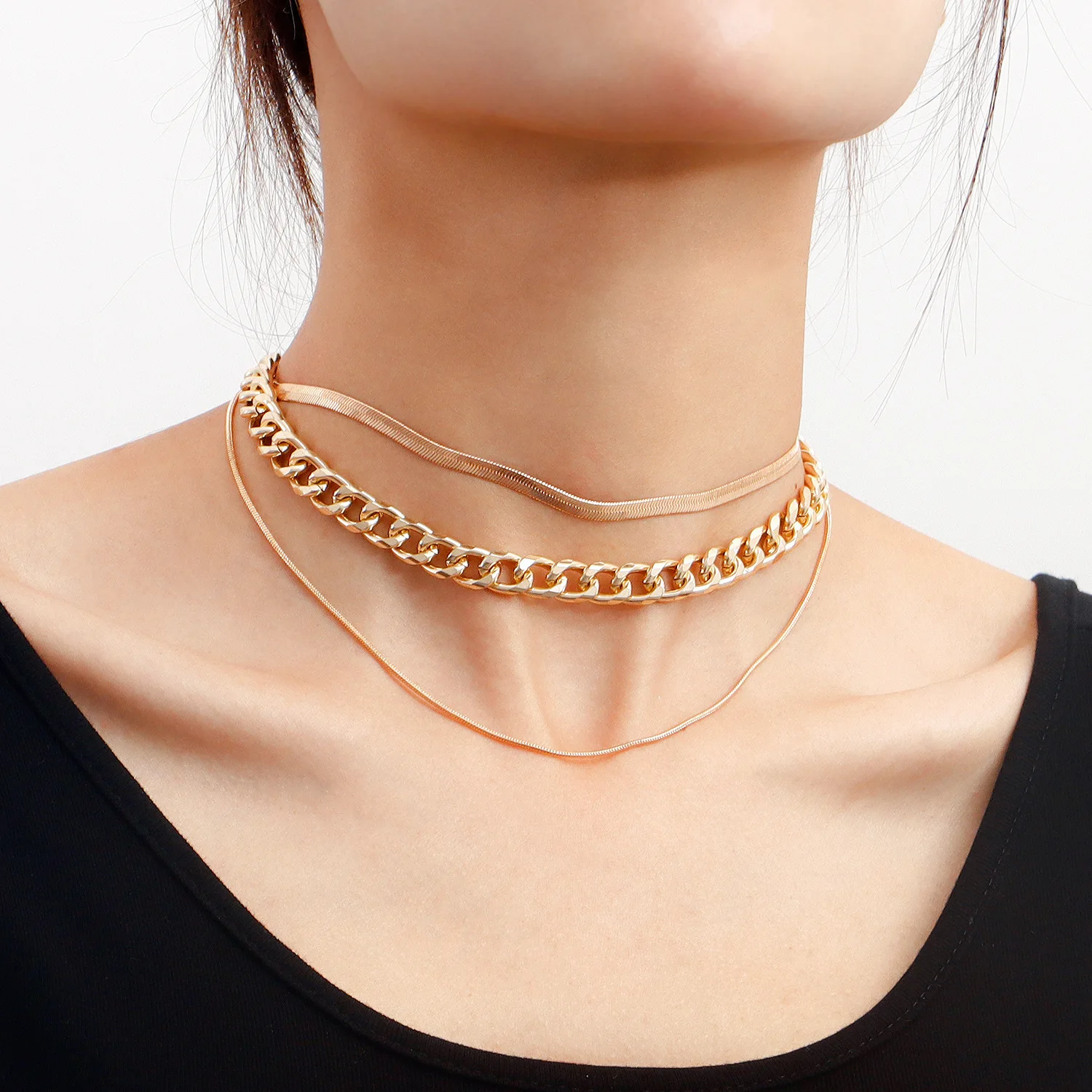 

Street hip-hop trendy splicing simple necklace female, exaggerated multi-layer geometric chain necklace