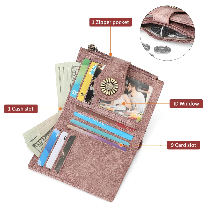 Western RFID Blocking PU Leather Zipper Hollow Out Women Wallet Large Capacity Hasp Coin Purse for Ladies