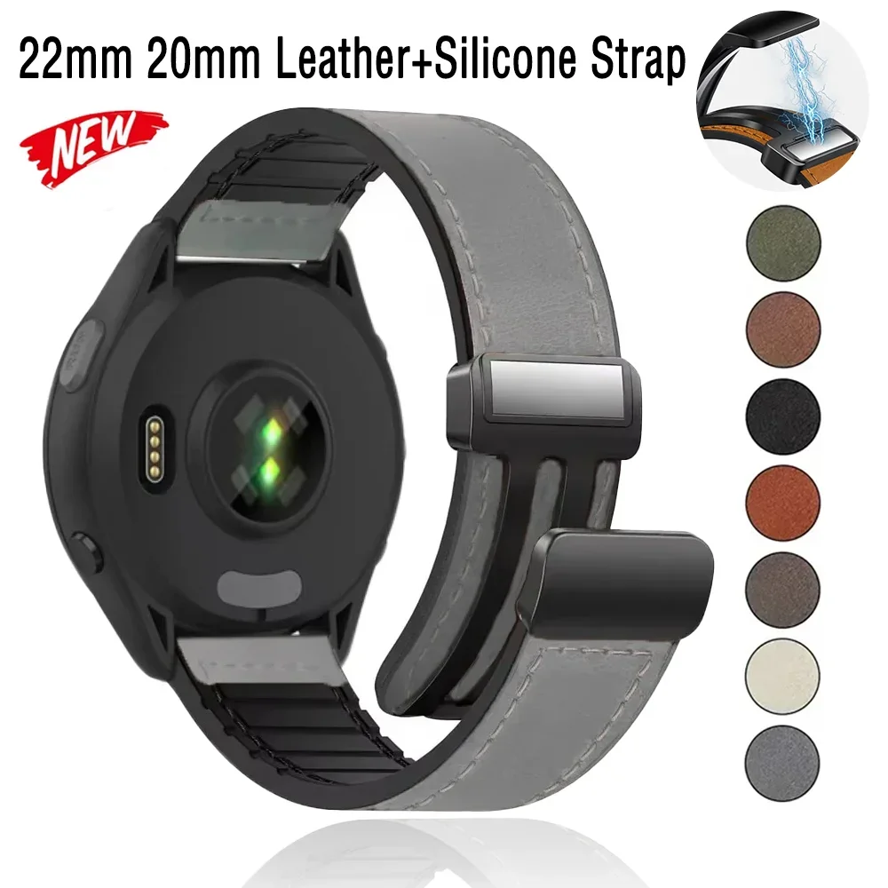 22 mm 20 mm Leder + Silikon-Magnetarmband für Garmin Approach S50 Forerunner 970 570 55 165 265 965 Armband Garmin Active 6 5