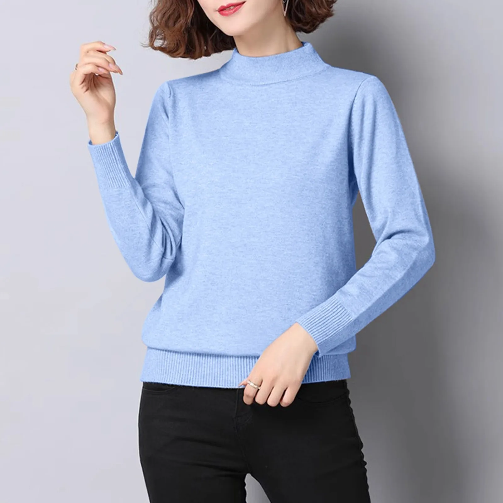 

Women's Semi-High Neck Jumper Pullover Knit Sweater Winter Inner Slim Solid Colour Long-Sleeved Casual Ladies Pullover Jumper